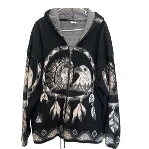 Eagle Native American inspired full zip wool black hooded jacket size XL